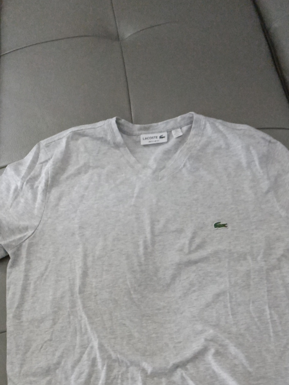 Lacoste Light Gray V-Neck Tee with Green Crocodile Patch